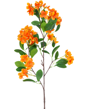 De Kunstbloem Sneeuwbal Real Touch Oranje 80 cm heeft trossen levendige oranje bloemen en groene bladeren op slanke bruine stelen, tegen een effen witte achtergrond.