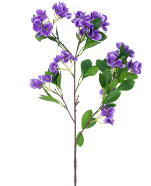 La Fleur Artificielle Boule de Neige Real Touch Lilas 80 cm possède une seule branche artificielle avec des bouquets de fleurs lilas vibrantes et des feuilles vertes sur plusieurs tiges, sur un fond blanc uni.