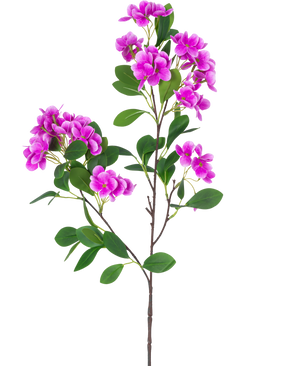 La fleur artificielle boule de neige Real Touch Violet 80 cm présente une seule tige avec plusieurs grappes de fleurs violettes vibrantes et de feuilles vertes luxuriantes, joliment présentées sur un fond blanc.
