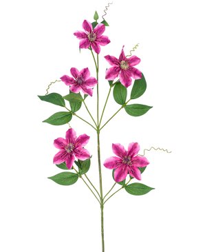 La fleur artificielle Clematis double 78 cm violette a cinq fleurs doubles violettes en forme d'étoile avec des feuilles vertes et des vrilles bouclées sur des tiges minces, sur un fond blanc.