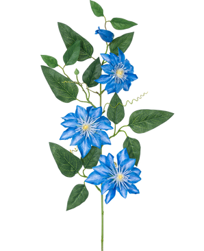 La Fleur Artificielle Clématite grande 81 cm bleue a une tige avec plusieurs feuilles vertes et quatre fleurs de clématite bleu vif, chacune avec un cœur blanc et des pétales pointus, sur un fond blanc.