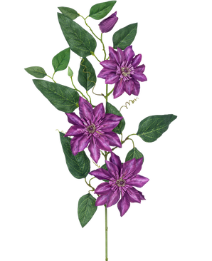 La fleur artificielle Clématite grande 81 cm violette a trois grandes fleurs violettes, des feuilles vertes, des vrilles bouclées et un bourgeon fermé sur une seule tige sur un fond blanc.