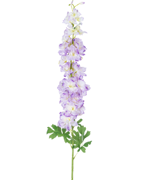 De Kunstbloem Delphinium 105 cm paars heeft een enkele lange steel van lichtpaarse kunstbloemen met groene bladeren, afgebeeld tegen een effen witte achtergrond.