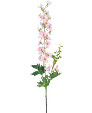 Une seule fleur artificielle Delphinium 79 cm rose clair a plusieurs petites fleurs rose clair et feuilles vertes, isolées sur un fond blanc.