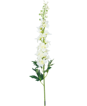 La Fleur Artificielle Delphinium 79 cm blanche possède une longue tige de delphinium blanc avec de multiples fleurs et feuilles vertes, isolées sur un fond blanc.