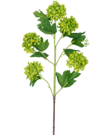 La Branche Artificielle Boule de Neige 77 cm verte a une seule tige avec plusieurs bouquets de fleurs rondes vert-jaune et des feuilles dentelées vert foncé, le tout sur un fond blanc.
