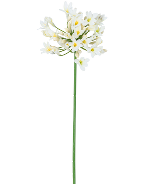 La Fleur Artificielle Agapanthe 77 cm blanche possède une seule haute tige verte avec un bouquet de petites fleurs blanches au cœur jaune, sur un fond uni blanc.