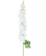 Fleur artificielle Delphinium 105 cm blanche : une seule longue tige avec de multiples fleurs blanches et feuilles vertes, présentées sur un fond blanc uni.