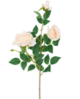 La Rose Artificielle Neo deluxe 75 cm beige a une seule tige avec deux roses fleuries beige clair, un bouton de rose et plusieurs feuilles vertes, sur un fond blanc uni.