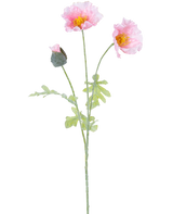 La Fleur Artificielle Coquelicot 73 cm rose clair a une tige unique avec deux fleurs de coquelicot rose clair ouvertes, un bourgeon fermé, des volants dans les pétales, des cœurs jaunes et des feuilles vertes sur fond blanc.