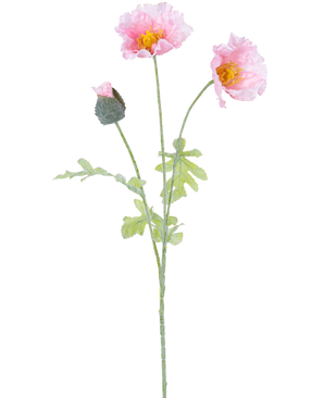 La Fleur Artificielle Coquelicot 73 cm rose clair a une tige unique avec deux fleurs de coquelicot rose clair ouvertes, un bourgeon fermé, des volants dans les pétales, des cœurs jaunes et des feuilles vertes sur fond blanc.
