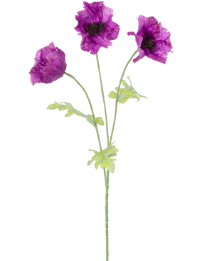 La Fleur Artificielle Coquelicot 73 cm lilas présente trois fleurs de coquelicot artificielles violettes avec des tiges et des feuilles vertes, sur un fond blanc uni. Les pétales délicats et légèrement froissés ajoutent de la texture à l'arrangement.