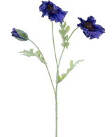 Een botanische illustratie van de Kunstbloem klaproos 73 cm donker blauw toont drie lichtgroene stengels-twee met ruches van donkerblauwe bloemen en een met een gesloten knop tegen een witte achtergrond.
