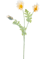 Une délicate illustration botanique de la fleur artificielle de pavot de 73 cm crème, avec deux fleurs jaunes ouvertes et un bourgeon fermé sur des tiges vertes aux feuilles dentelées, sur un fond blanc.