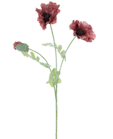 Aquarel illustratie van de Kunstbloem klaproos 73 cm mauve, met drie donkerrode bloemen met groene stengels en bladeren, tegen een effen witte achtergrond.