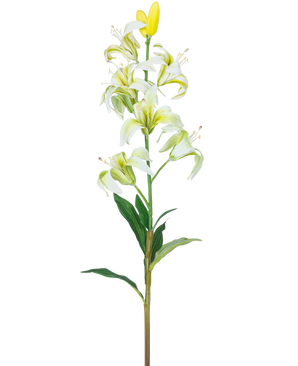La Fleur Artificielle Lys Martagon 78 cm blanc a une longue tige avec plusieurs fleurs et bourgeons de lys blancs, un cœur jaune et des feuilles vertes, isolées sur un fond blanc.