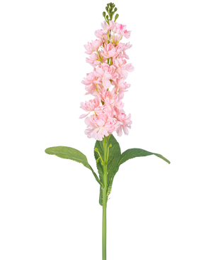 La Fleur Artificielle Violier 78 cm rose est une fleur artificielle simple rose clair avec de multiples petites fleurs le long de la tige dressée et des feuilles vertes, sur un fond blanc.