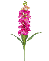 Une seule fleur artificielle Violier de 78 cm fuchsia avec plusieurs fleurs roses vibrantes et feuilles vertes sur un fond blanc uni.