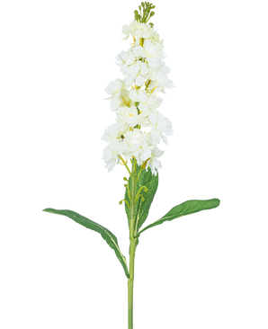 La Fleur Artificielle Violier 78 cm blanche possède une longue tige avec des fleurs blanches en grappes au sommet et de longues feuilles vertes, sur un fond blanc uni.