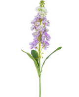 Une seule fleur de Violier artificielle de 78 cm de couleur violet clair et blanche avec des feuilles vertes, sur fond blanc.