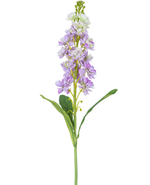 Une seule fleur de Violier artificielle de 78 cm de couleur violet clair et blanche avec des feuilles vertes, sur fond blanc.
