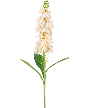 Une seule fleur artificielle Violier 78 cm crème présente plusieurs fleurs crème clair et des feuilles vertes sur un fond blanc uni.