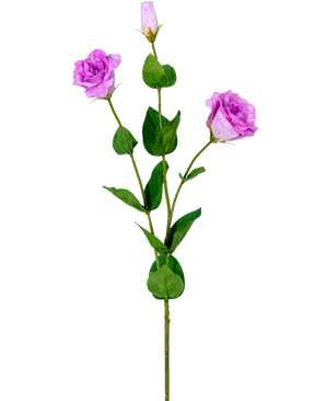 De Kunst Eustoma Real Touch Roze 72cm heeft een enkele groene steel met drie lichtpaarse kunstrozen in verschillende bloeistadia en verschillende groene bladeren, afgebeeld op een witte achtergrond.