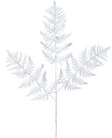 La fougère artificielle de 78 cm argentée présente une délicate fronde de fougère gris clair avec trois branches principales de feuilles finement détaillées sur un fond blanc uni.