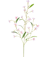 De Kunstbloem Alstroemeria Real Touch Roze 100 cm heeft een enkele steel met meerdere slanke takken, groene bladeren en kleine roze vijfbladige bloemen verspreid langs de steel - alles tegen een witte achtergrond.