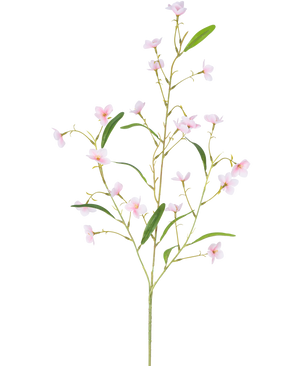 De Kunstbloem Alstroemeria Real Touch Roze 100 cm heeft een enkele steel met meerdere slanke takken, groene bladeren en kleine roze vijfbladige bloemen verspreid langs de steel - alles tegen een witte achtergrond.