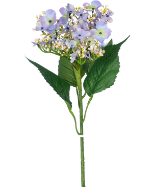 La fleur artificielle hortensia papillon 72 cm lilas clair est une tige artificielle unique avec des fleurs d'hortensia violet clair, des feuilles vertes et de petits bourgeons blancs, parfaite pour décorer n'importe quelle pièce.