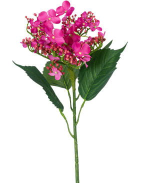 Un hortensia papillon à fleur artificielle unique, de 72 cm de haut, avec des fleurs artificielles rose vif et des feuilles vertes, sur un fond blanc.