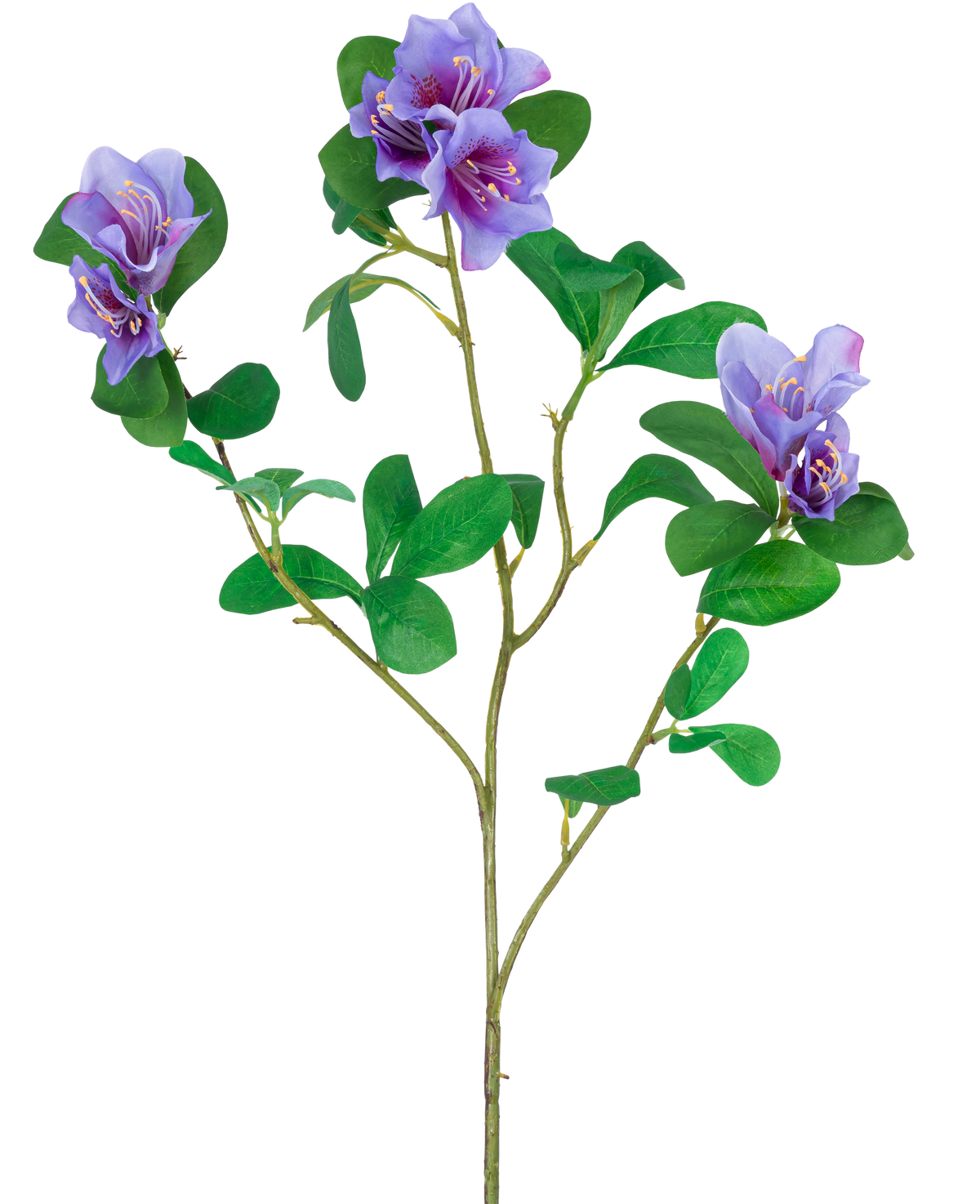 La Fleur Artificielle Rhododendron Azalea 73 cm violet a une tige avec des feuilles vertes et trois bouquets de fleurs violettes avec des détails jaunes et blancs, isolées sur un fond blanc.