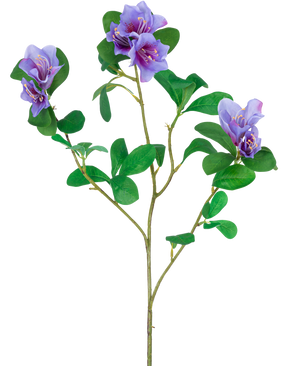La Fleur Artificielle Rhododendron Azalea 73 cm violet a une tige avec des feuilles vertes et trois bouquets de fleurs violettes avec des détails jaunes et blancs, isolées sur un fond blanc.