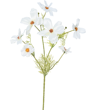De Kunstbloem Cosmos 74 cm wit heeft verschillende delicate witte bloemen met een geel en oranje hart en vederlichte groene bladeren - ideaal als zijde bloemen voor blijvende elegantie.