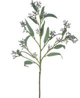 La Branche Artificielle Baie d'Eucalyptus 78 cm gris a une seule branche verte avec des feuilles longues et étroites et des grappes de petits bourgeons grisâtres, représentés sur un fond blanc.