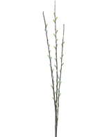 La fleur artificielle Salix saule 70 cm possède trois fines branches brunes avec de petits bourgeons verts et des chatons gris clair duveteux, disposés le long des tiges sur un fond blanc uni.