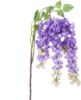 Een Kunstbloem Blauweregen 115 cm paars met paarse blauwe regen bloemen en groene bladeren tegen een witte achtergrond.