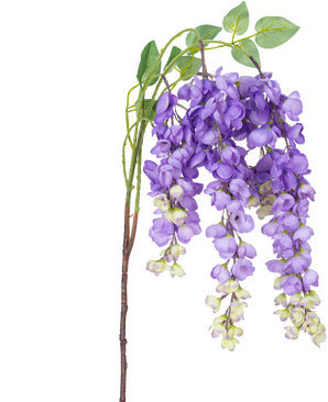 Een Kunstbloem Blauweregen 115 cm paars met paarse blauwe regen bloemen en groene bladeren tegen een witte achtergrond.