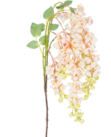 De Kunstbloem Wisteria 100 cm crème heeft een enkele steel met trossen lichtroze en crème blauwe regen bloemen, groene knoppen en groene bladeren tegen een witte achtergrond.