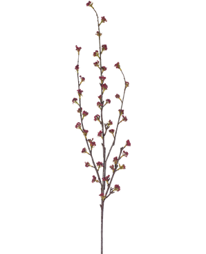De Kunsttak Callicarpa 104 cm paars heeft slanke takken met meerdere dunne stelen, elk versierd met kleine trosjes dieppaarse knoppen, tegen een effen witte achtergrond.