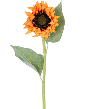 Een Kunstbloem Zonnebloem Real Touch goud van 61 cm, met een oranje bloem en donker hart, twee grote groene bladeren en een lange groene staal, geïsoleerd op een witte achtergrond.