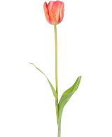 Une seule fleur artificielle tulipe française de 63 cm orange avec une longue tige verte et deux feuilles vertes, isolée sur fond blanc.