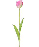 Une seule fleur artificielle tulipe française de 63 cm rose avec une longue tige verte et deux feuilles vertes, isolée sur fond blanc.
