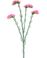 La Branche Artificielle Statice 64 cm rose possède trois tiges vertes avec de petites feuilles frisées, chacune se terminant par des bouquets de délicates fleurs roses, isolées sur un fond blanc.