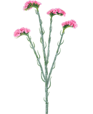 La Branche Artificielle Statice 64 cm rose possède trois tiges vertes avec de petites feuilles frisées, chacune se terminant par des bouquets de délicates fleurs roses, isolées sur un fond blanc.