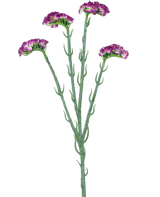 La branche artificielle Statice 64 cm violet foncé a trois tiges vertes minces avec de multiples branches, chacune recouverte d'un certain nombre de petites fleurs violet foncé à froufrous, le tout sur un fond blanc.
