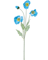 La Fleur Artificielle Coquelicot Real Touch Bleu 60 cm a une seule tige avec trois fleurs de coquelicot bleues et des feuilles vertes ; deux fleurs sont ouvertes avec un centre jaune et une fleur reste un bouton fermé, le tout isolé sur fond blanc.