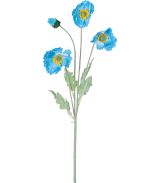La Fleur Artificielle Coquelicot Real Touch Bleu 60 cm a une seule tige avec trois fleurs de coquelicot bleues et des feuilles vertes ; deux fleurs sont ouvertes avec un centre jaune et une fleur reste un bouton fermé, le tout isolé sur fond blanc.