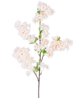 Une seule fleur de cerisier artificielle de 100 cm, branche blanche/rose avec des bouquets de fleurs de cerisier rose clair et blanches avec des feuilles vertes, isolées sur un fond blanc.